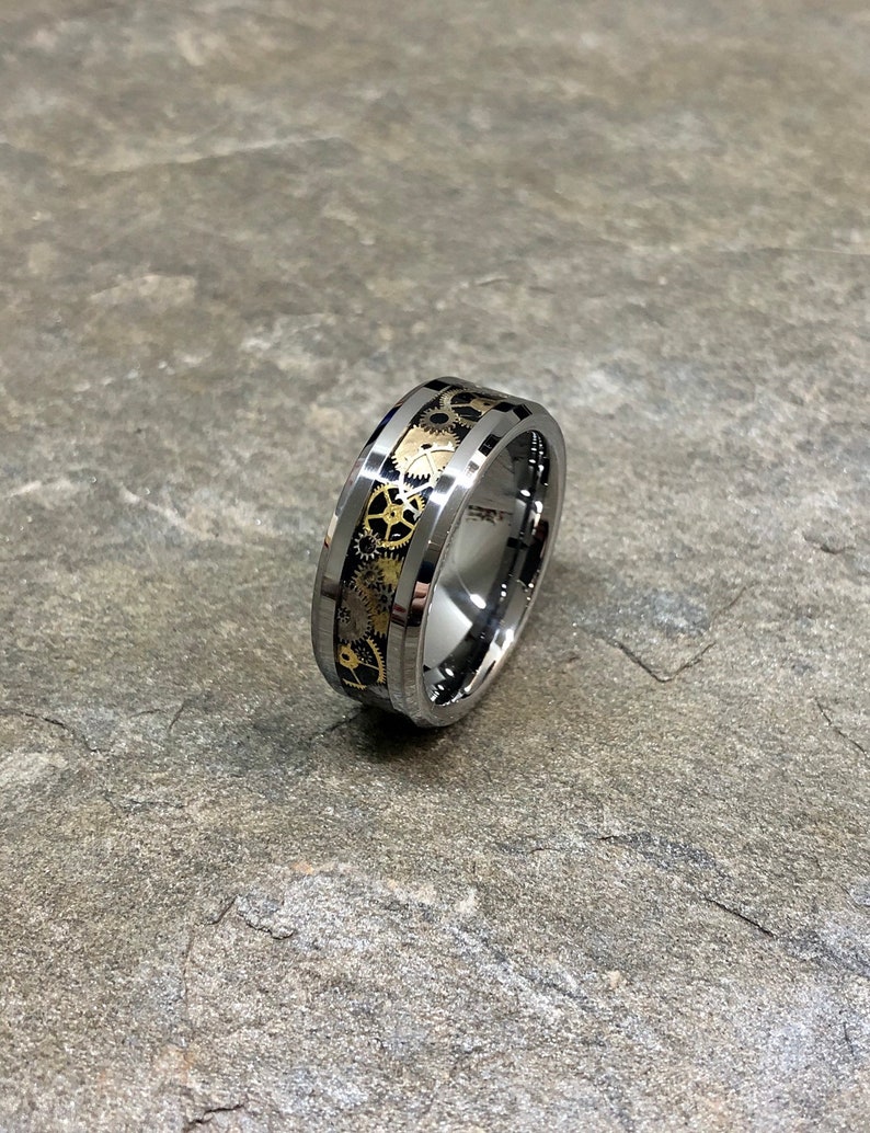 Wedding Band Steampunk Gear Ring on Tungsten Carbide Engagement