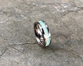 Seafoam Green Opal & Titanium Engagement Ring - Wedding Band