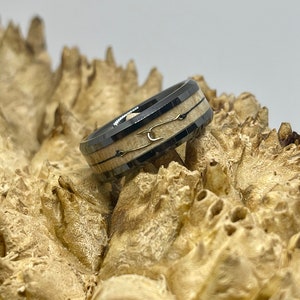 Black Ceramic, Birdseye Maple and Interlocking Fish Hooks Wedding Band/ Engagement Ring
