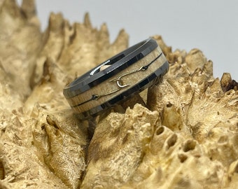 Black Ceramic, Birdseye Maple and Interlocking Fish Hooks Wedding Band/ Engagement Ring