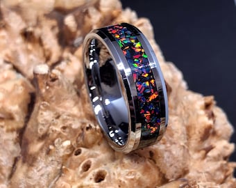 Black Fire Opal with Black Background on Tungsten Carbide core engagement ring/ wedding band