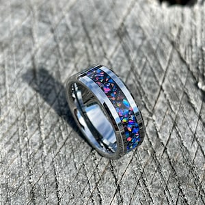 Van Gogh Blue Opal with Black Background on Tungsten Carbide Wedding band/ engagement ring