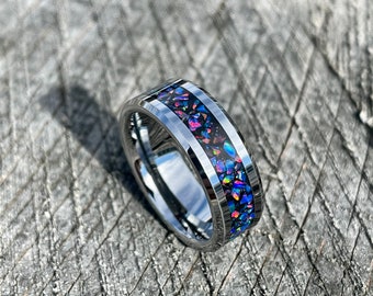 Van Gogh Blue Opal with Black Background on Tungsten Carbide Wedding band/ engagement ring