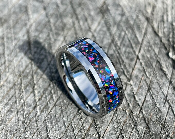 Van Gogh Blue Opal with Black Background on Tungsten Carbide Wedding band/ engagement ring