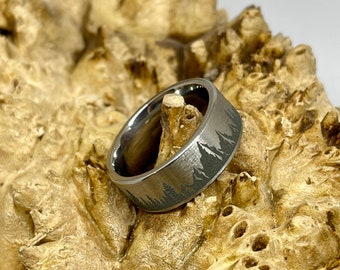 Titanium with Laser Engraved Mountain And Tree Scene