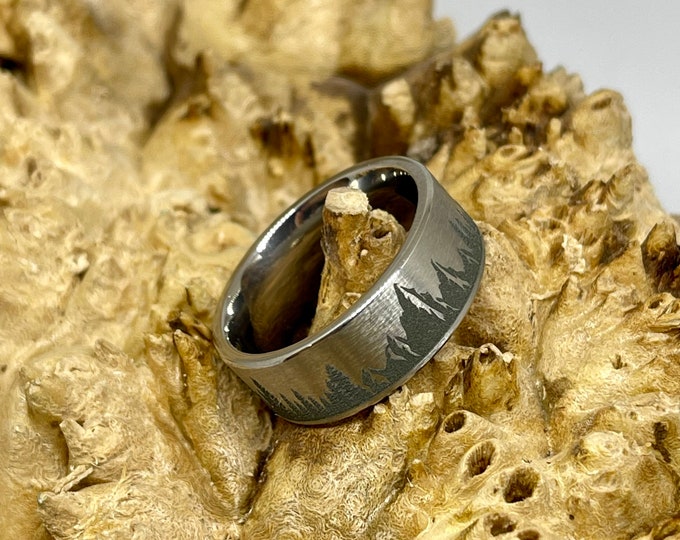 Titanium with Laser Engraved Mountain And Tree Scene