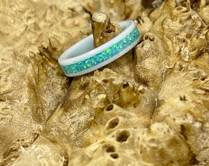 White Ceramic With Turquoise Opal Wedding Band/ Engagement Ring