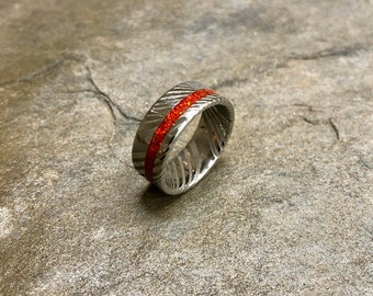 Stainless Damascus Steel with Offset Ruby Red Opal Inlay Wedding Band/ Engagement Ring