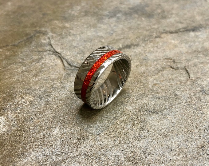 Stainless Damascus Steel with Offset Ruby Red Opal Inlay Wedding Band/ Engagement Ring