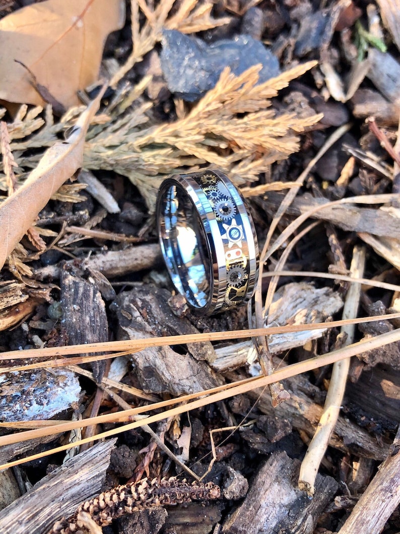 Wedding Band Steampunk Gear Ring on Tungsten Carbide Engagement