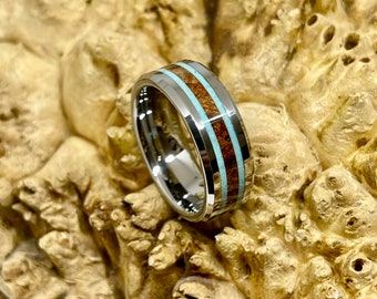 Tungsten Carbide with Redwood Burl and Double Turquoise band inlay Engagement Ring- Wedding Band