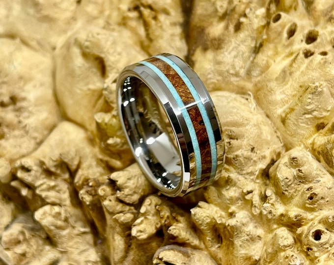 Tungsten Carbide with Redwood Burl and Double Turquoise band inlay Engagement Ring- Wedding Band