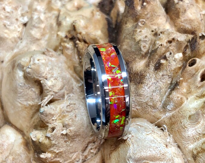 Titanium with Tangerine Opal Wedding Band/ Engagement Ring