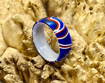 Deadshot Polymers America Swirl Acrylic on White Ceramic Wedding Band/ Engagement Ring