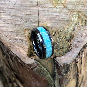 Black Ceramic With Crushed Turquoise Engagement Ring/ Wedding Band