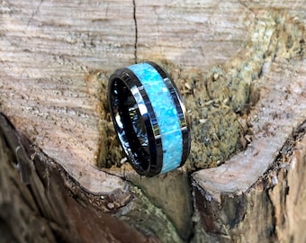 Black Ceramic With Crushed Turquoise Engagement Ring/ Wedding Band