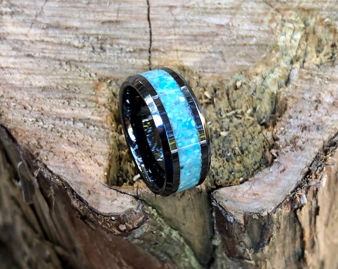 Black Ceramic With Crushed Turquoise Engagement Ring/ Wedding Band