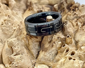 Black Ceramic with Gaboon Ebony Wood and bronze Fish Hook Inlay Wedding Band/ Engagement Ring