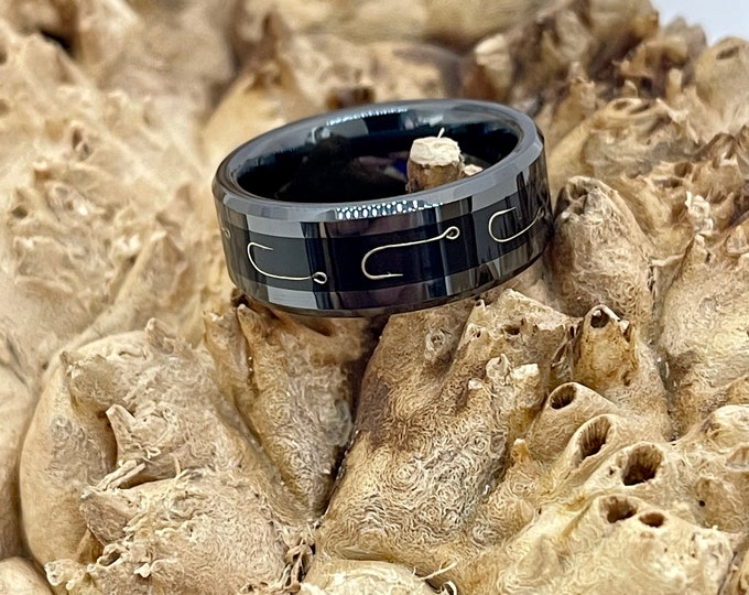 Black Ceramic with Gaboon Ebony Wood and bronze Fish Hook Inlay Wedding Band/ Engagement Ring