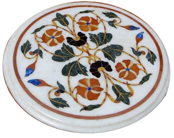Round Marble Side Table Top Beautiful Floral Multi Collectible Stone Inlay Work Home Decor Table 26