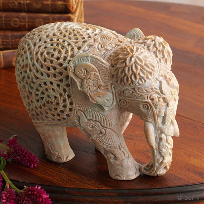 Indian Natural Hand Carved Soapstone Undercut Elephant Home Etsy