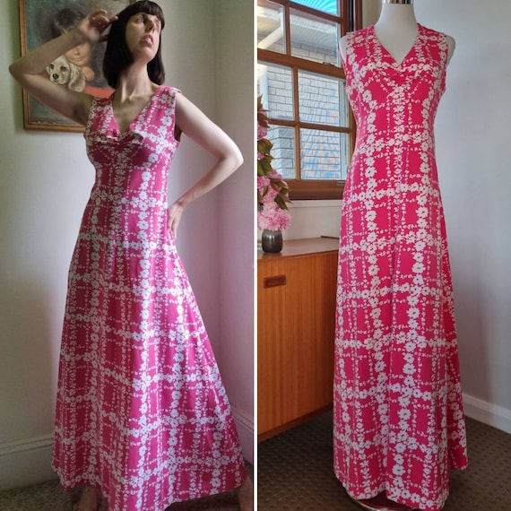 Gorgeous 1970s Hot Pink Floral Maxi Dress // vint… - image 1
