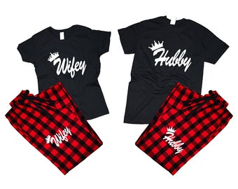 Hubby Wifey Couple t shirts with matching pants flannel sets pajamas gold foil sets woman man Couple outfits gift 4 items sold separately