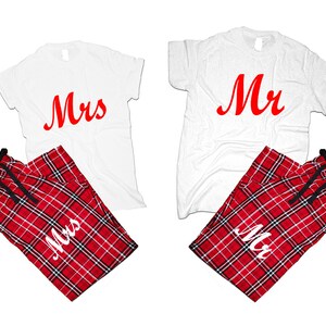 Couple Mr Mrs T shirts pajamas flannel pants outfits Christmas gift wedding anniversary vacation gift for her 4 items sold separately