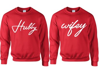 Hubby Wifey Sweatshirt Set, Christmas Sweaters, Matching Couple Sweaters, Couple Crew-Neck Sweatshirt unisex sizes