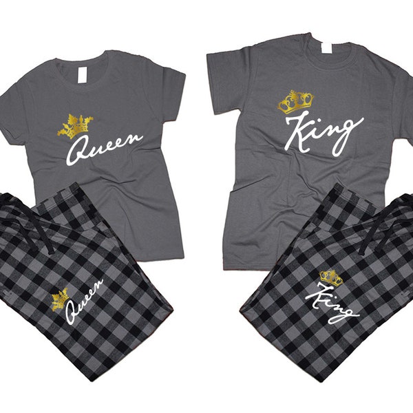 Pajamas King Queen gold foil Couple matching outfits  flannel pants Christmas gift wedding anniversary vacation 4 items sold separately