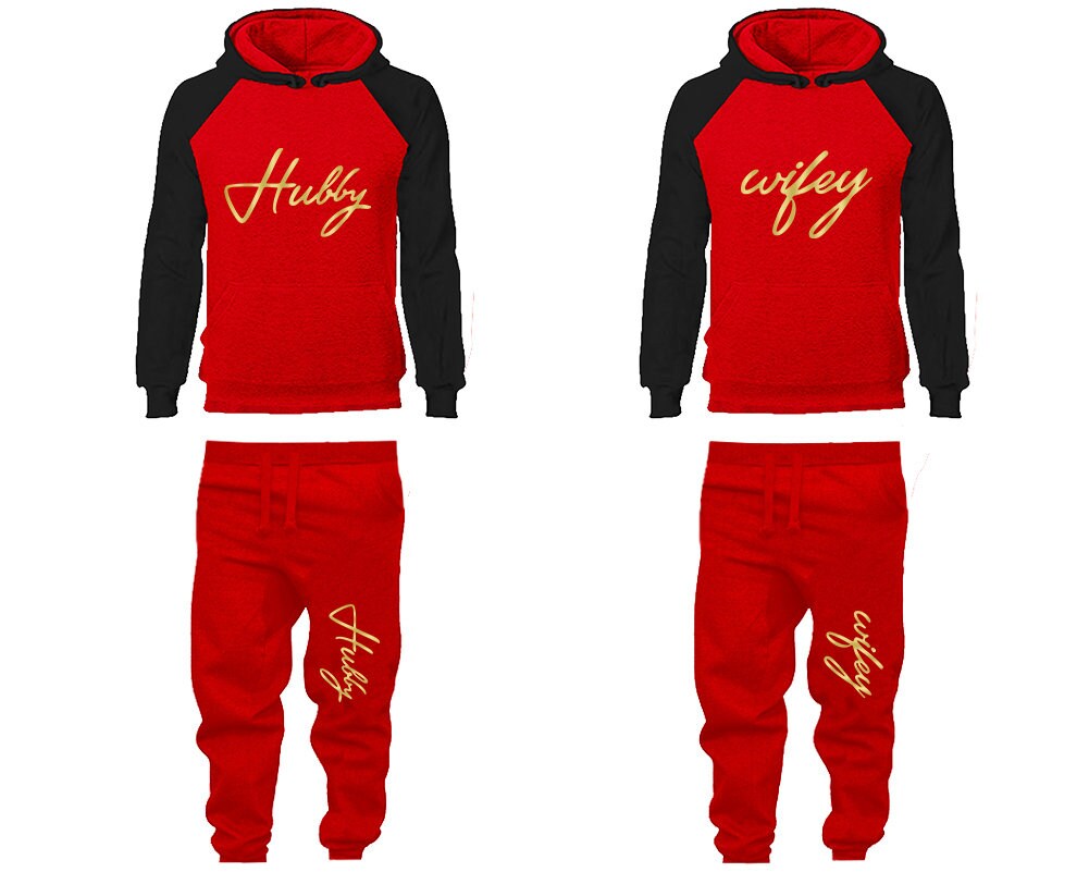 Matching Hubby Wifey Hoodie Jogger Pants, Sweatsuits for couples, matching tracksuits, gold foil 4 items Sold Separately