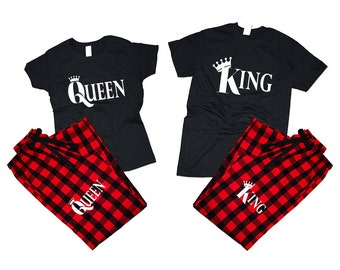 Couple pjs matching outfits King queen pajamas flannel pants Christmas gift wedding anniversary vacation 4 items sold separately