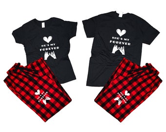 Pareja Camisetas pantalones Él es mi para siempre Ella es mi pijama para siempre franela a juego trajes de pareja regalo de Navidad 4 artículos se venden por separado