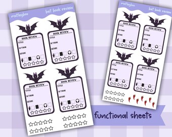 Bat Book Review Stickers, Planner Functional Art, Goth Bookish Planner Supplies