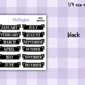 Gothic Planner Stickers, Monthly headers, Black and White, spiderweb design MONTHS BLACK