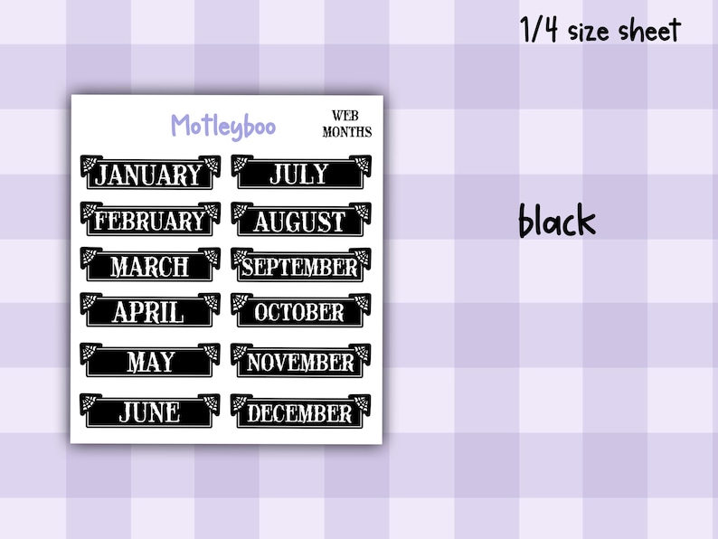 Gothic Planner Stickers, Monthly headers, Black and White, spiderweb design MONTHS BLACK