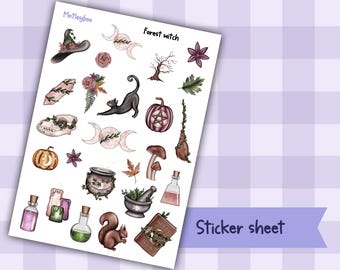 Forest Witch Planner Sticker Sheet, Witchy Goth Journal Stickers