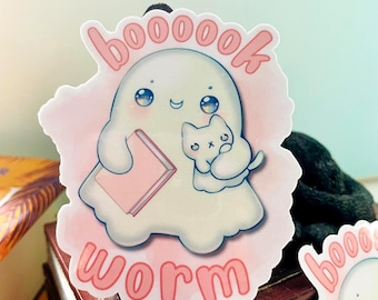 Bookworm Ghost Vinyl Sticker: Spooky Book Lover Gift