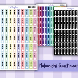 May include: Planner stickers featuring the days of the week in various colours. The stickers are in shades of pink, green, purple, and black. The text "Hobonichi functionals" is displayed at the bottom of the image.