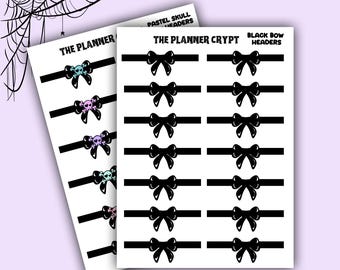 May include: Two sheets of planner stickers with black bow headers. The top sheet has pastel skull headers with the text "The Planner Crypt". The bottom sheet has the text "The Planner" and features pastel skull icons.