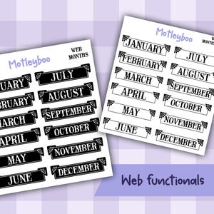 Gothic Planner Stickers, Monthly headers, Black and White, spiderweb design imagem 1