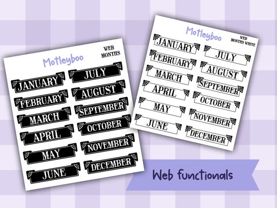 Gothic Planner Stickers, Monthly headers, Black and White, spiderweb design