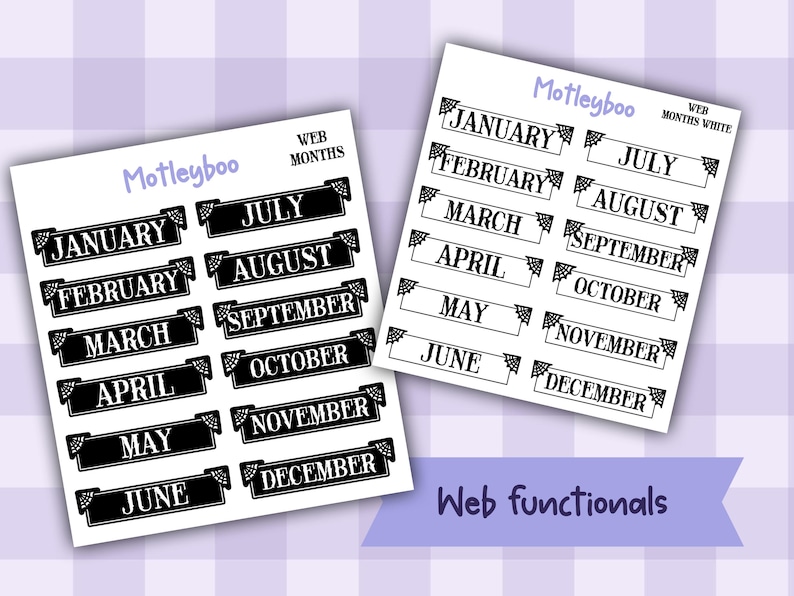 Gothic Planner Stickers, Monthly headers, Black and White, spiderweb design imagem 1