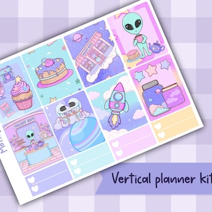 May include: A vertical planner kit in pastel shades, with illustrations of aliens, desserts, and space themes. The design includes a rocket, a cake, and the text "Vertical planner kit".