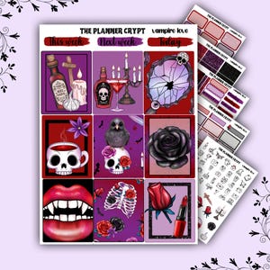 May include: A set of nine planner stickers with a vampire love theme. The stickers feature images of a skull, a rose, a heart, a potion bottle, a candle, a skull with a raven, a broken mirror, a cup of tea, and a pair of lips with fangs. The stickers are printed on a clear background.