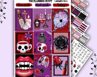 Weekly planner, sticker kit, Halloween planner stickers, spooky stickers, vertical planner, journal stickers, Vampire stickers, goth planner