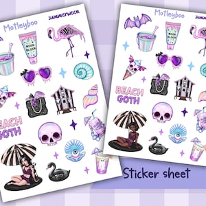 May include: Two sticker sheets with a "Beach Goth" theme, featuring illustrations of a flamingo, skull ice cream, sunglasses, and a beach house. The sheets have the text "Motleyboo" and "summerween". The words "Sticker sheet" are also visible.