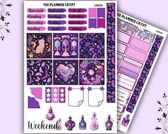 May include: A set of planner stickers with a purple, pink, and black color scheme. The stickers feature a variety of designs, including stars, moons, mushrooms, butterflies, and potion bottles. The stickers are labeled "The Planner Crypt" and "Weekend".