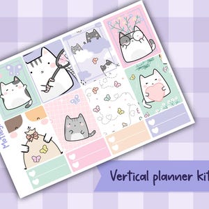 May include: A vertical planner kit with cartoon cats and floral designs. The kit includes boxes with heart and blank space designs, with the text "Vertical planner kit" on a purple banner. The overall design is pastel-colored.