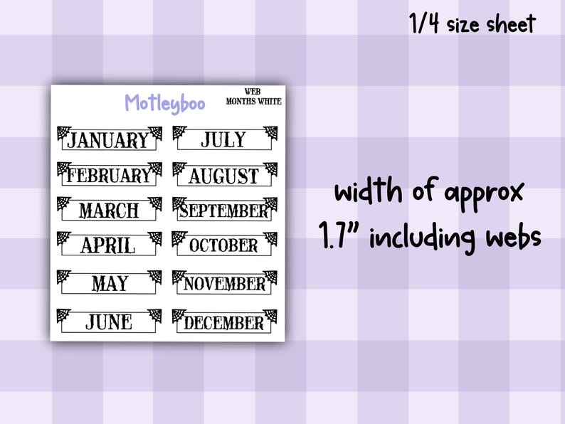 Gothic Planner Stickers, Monthly headers, Black and White, spiderweb design imagem 5
